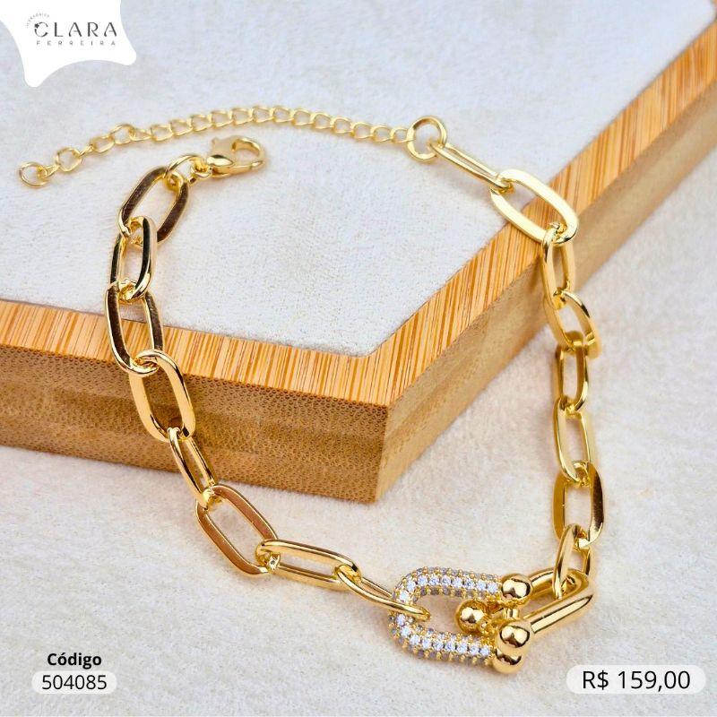 PULSEIRA ELOS LONGOS C/ 2 ELOS TIFFANYS 1 FILEIRAS MICROZIRCÔNIAS E 1 LISO INSPIRAÇÃO TIFFANY - 17CM - Dourado