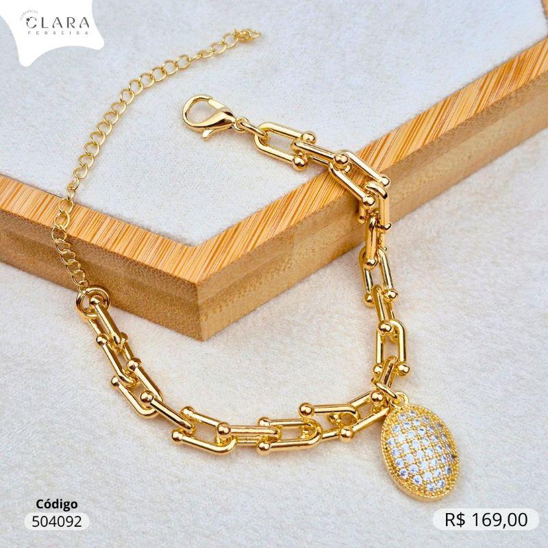 PULSEIRA ELOS TIFFANYS C/ PINGENTE CHUVEIRINHO OVAL MICROZIRCONIAS PENDURADO - 15MM - 17CM - Dourado