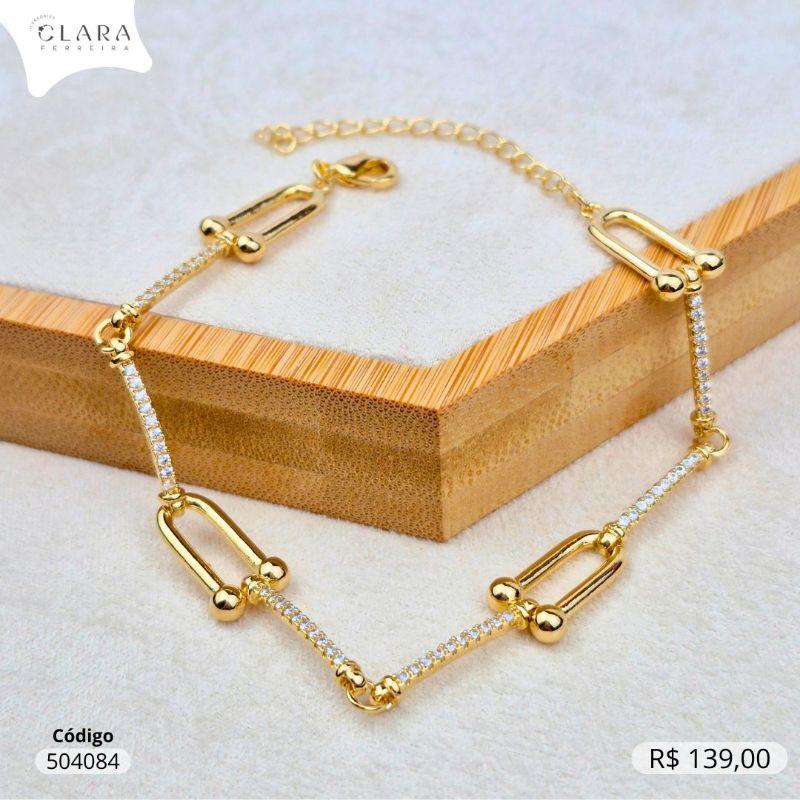 PULSEIRA ELOS TIFFANYS LISOS C/ BARRINHAS MICROZIRCÔNIAS INSPIRAÇÃO TIFFANY - 17CM - Dourado