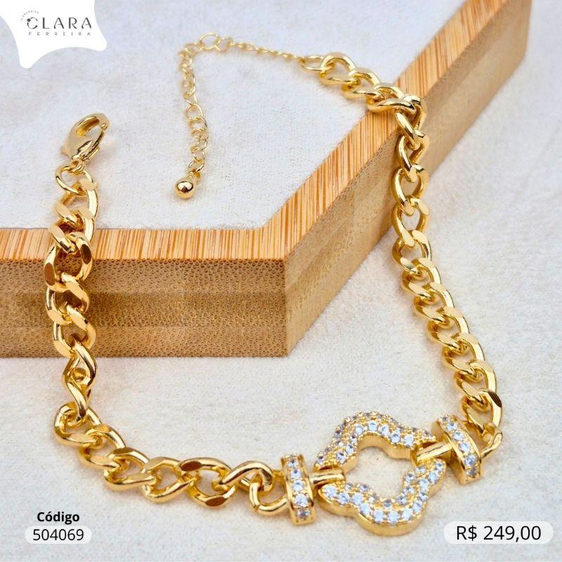 PULSEIRA GRUMET 1X1 C/ C/ PINGENTE TREVO VAN CLEEF ALHAMBRA C/ 2 FILEIRA MICROZIRCONIAS 17MM VAZADO FIXO - 19CM - Dourado