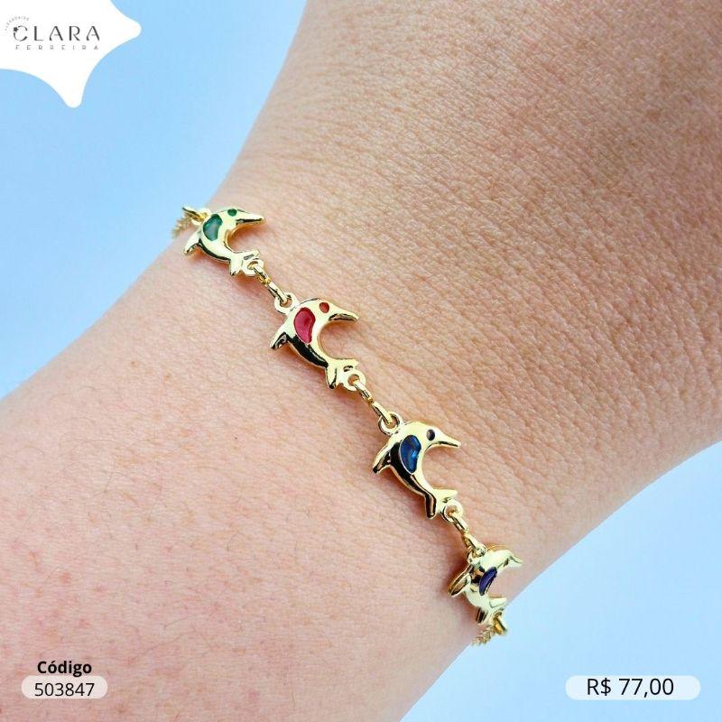 PULSEIRA INFANTIL ELOS C/ 4 TIFFANYS GOLFINHOS COLORIDOS SALADINHA - CLARINHA KIDS - 14CM - Dourado