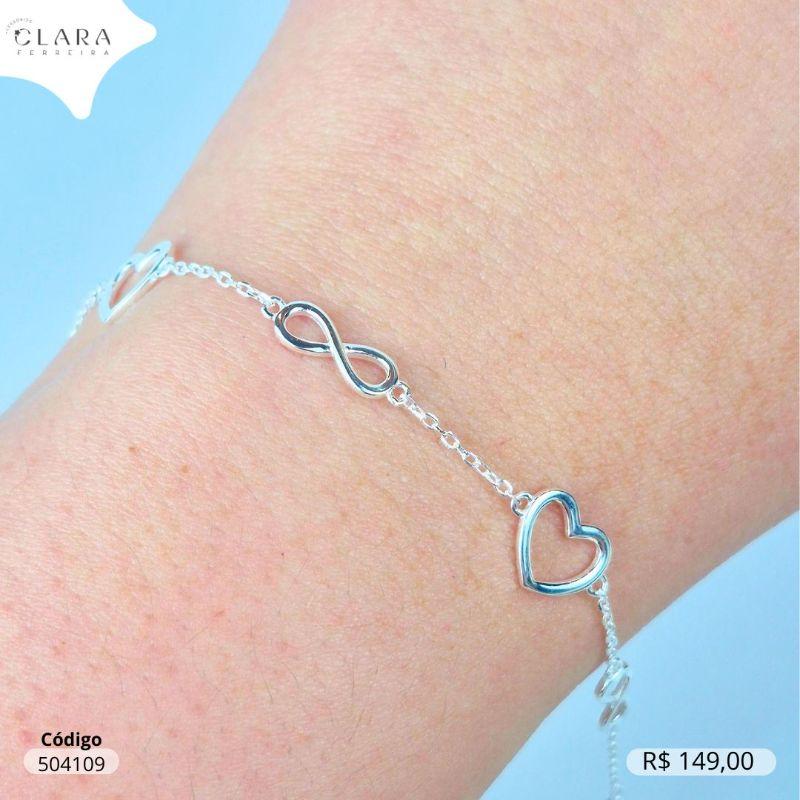 PULSEIRA PRATA 925 ELOS C/ 3 PINGENTES INFINITOS 2 CORAÇÕES LISOS VAZADOS INTERCALADOS   - 17CM