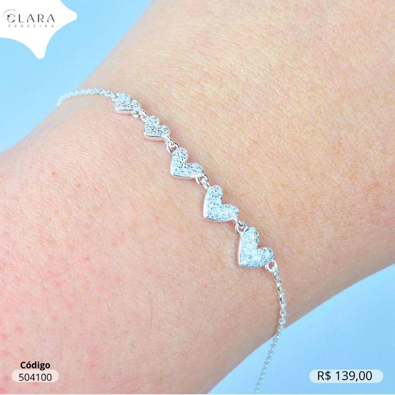 PULSEIRA PRATA 925 ELOS C/ 5 CORAÇÕES MICROZIRCÔNIAS DO MAIOR PRO MENOR  - 17CM
