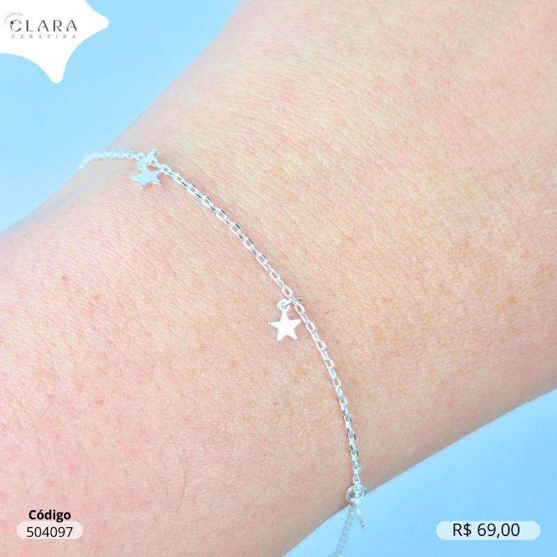 PULSEIRA PRATA 925 ELOS C/ 5 ESTRELAS LISAS PENDURADAS - 4MM - 17CM