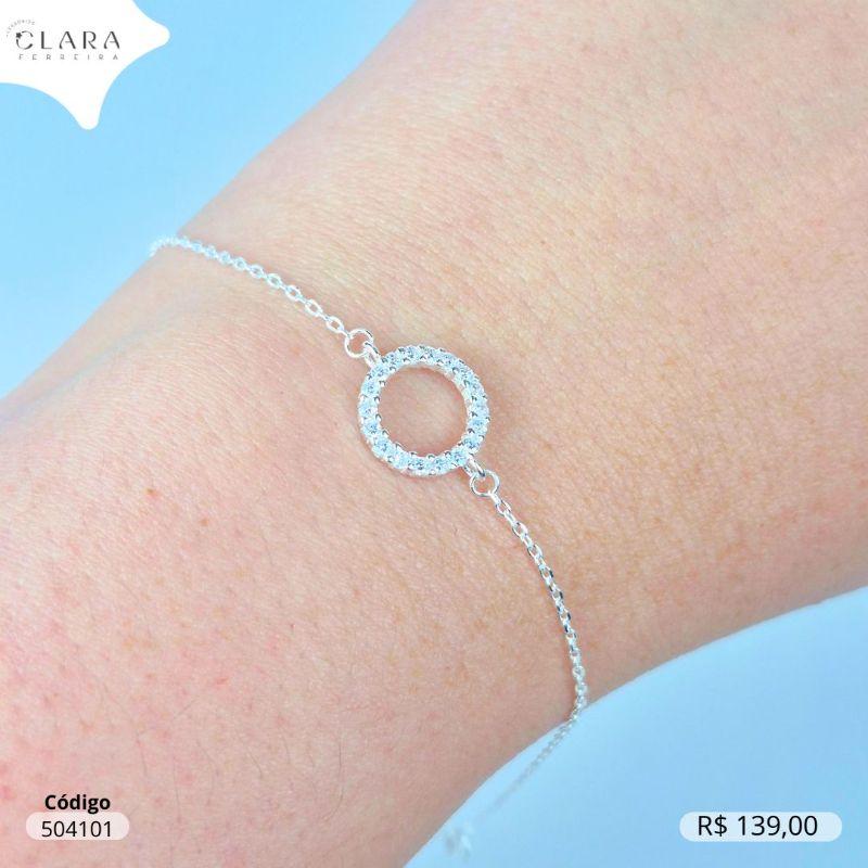 PULSEIRA PRATA 925 ELOS C/ PINGENTE CIRCULO REDONDO MICROZIRCÔNIAS VAZADO FIXO - 11MM - 17CM