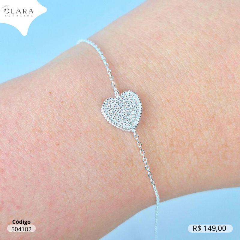 PULSEIRA PRATA 925 ELOS C/ PINGENTE CORAÇÃO MICROZIRCONIAS FIXO - 10MM - 17CM
