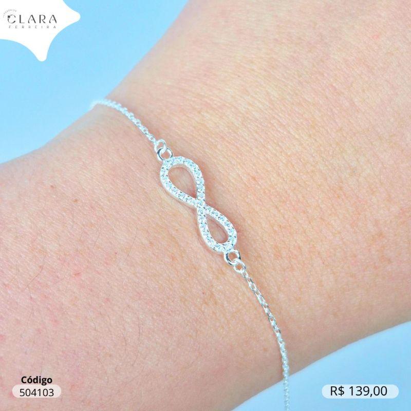 PULSEIRA PRATA 925 ELOS C/ PINGENTE INFINITO MICROZIRCÔNIAS VAZADO FIXO - 16MM - 17CM