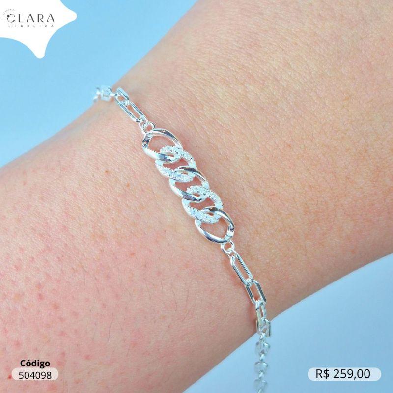 PULSEIRA PRATA 925 ELOS CARTIER C/ MEIO ELOS GRUMET 1X1 MICROZIRCÔNIAS - 24MM - 17CM