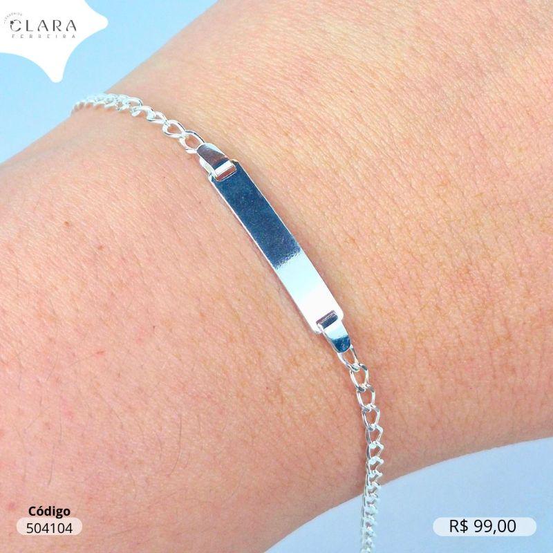 PULSEIRA PRATA 925 INFANTIL ELOS C/ PLAQUINHA LISA 21MM - CLARINHA KIDS  - 14CM