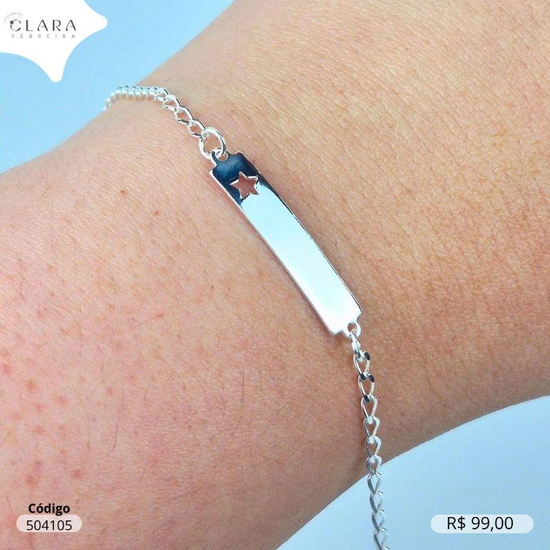 PULSEIRA PRATA 925 INFANTIL ELOS C/ PLAQUINHA LISA 21MM COM 1 ESTRELA VASADA - CLARINHA KIDS  - 14CM