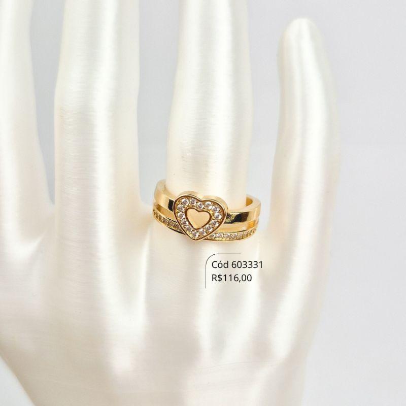 ANEL 2 FIOS VAZADOS 1 LISO E 1 MICROZIRCÔNIAS C/ CORAÇÃO MICROZIRCÔNIAS VAZADO - 9MM - Dourado