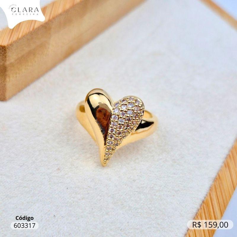 ANEL CORAÇÃO C/ 1 LADO LISO E 1 LADO MICROZIRCÔNIAS - 19MM - Dourado