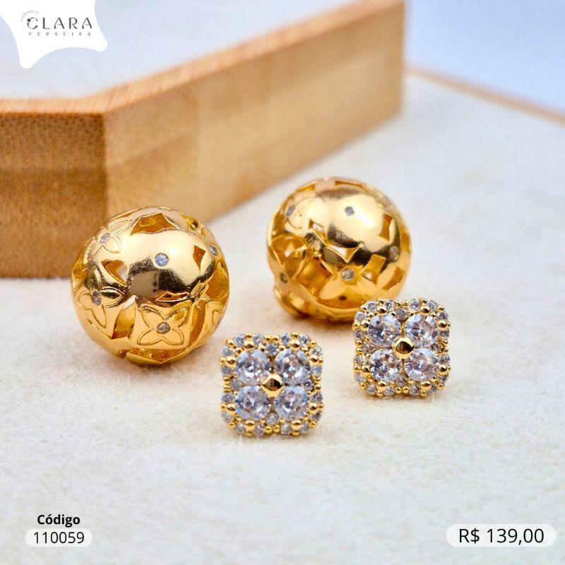 BRINCO 4 ZIRCONIAS REDONDAS ADORNADAS MICROZIRCÔNIAS C/ TARRACHA BOLA VAZADA 15MM INSPIRAÇÃO LOUIS VUITTON - 9MM - Dourado
