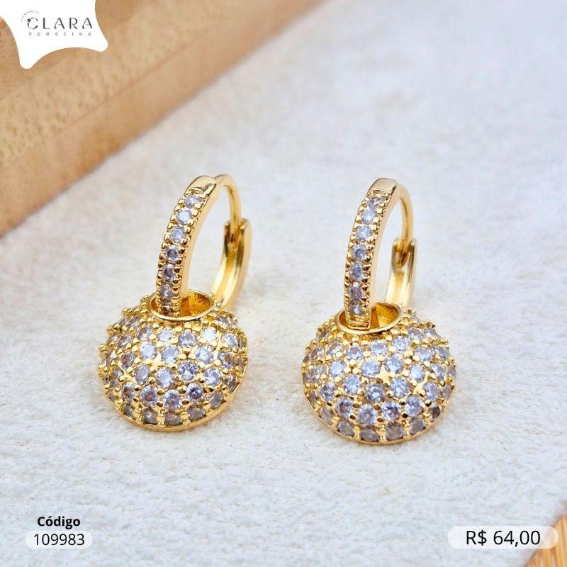 BRINCO ARGOLINHA CLICK 1 FILEIRA MICROZIRCÔNIAS C/ CHUVEIRINHO MICROZIRCÔNIAS REDONDO  11MM PENDURADO - 13X2MM - Dourado