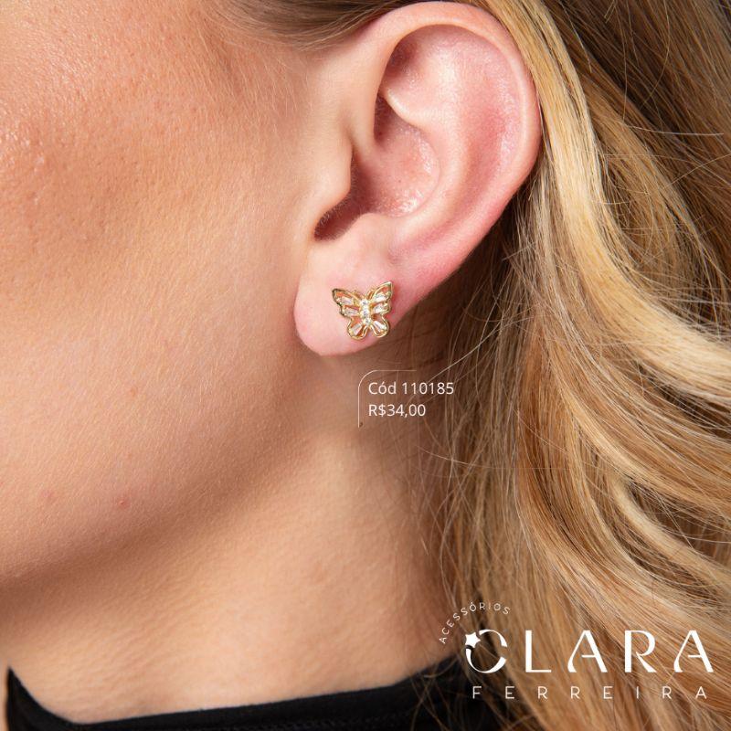BRINCO BORBOLETA VAZADA C/ ASAS ZIRCÔNIA TRAPÉZIO - 10MM - Dourado