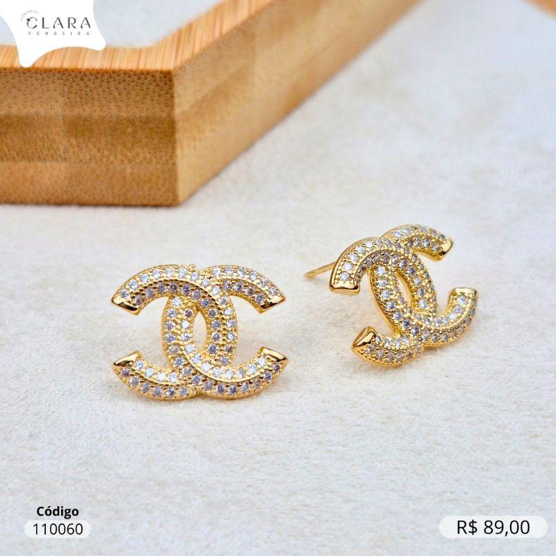 BRINCO CHANEL 2 FILEIRAS MICROZIRCÔNIAS - 14MM - Dourado