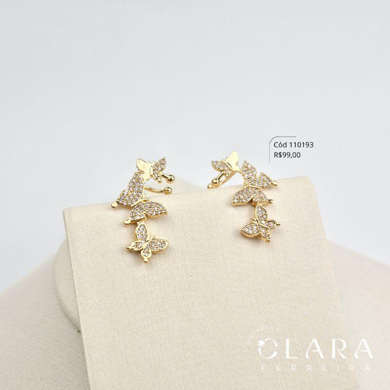 BRINCO EAR CUFF 3 BORBOLETAS MICROZIRCÔNIAS - Dourado - LIMITADA