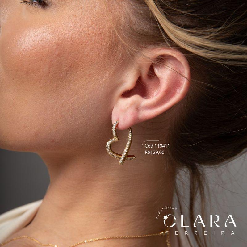 BRINCO EAR JACKET ARGOLA GRANDE CORAÇÃO 2 FILEIRAS MICROZIRCONIAS  - 25MM - Dourado - LIMITADA