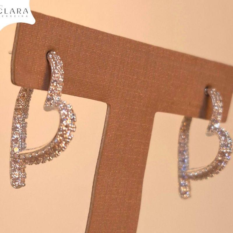 BRINCO EAR JACKET ARGOLA GRANDE CORAÇÃO 2 FILEIRAS MICROZIRCONIAS  - 25MM - PEÇA VENDIDA - Banho de Prata
