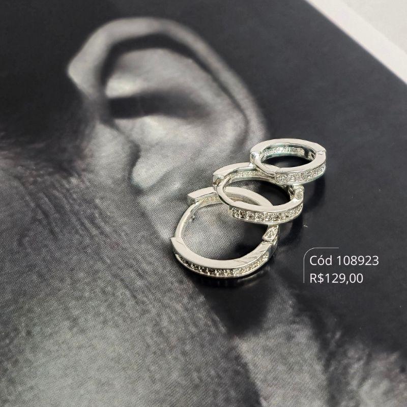 BRINCO KIT TRIO ARGOLINHA CLICK 1 FILEIRA MICROZIRCONIAS  - 10,12 E 14X2MM - Banho de Prata (Borda Quadrada Lisa, lateral lisa)