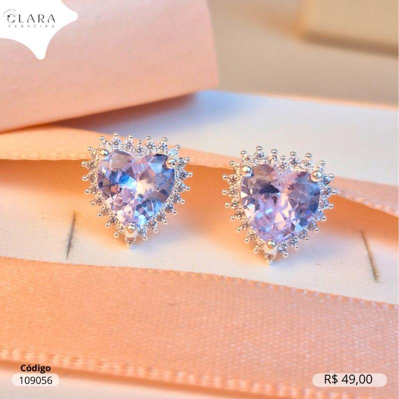 BRINCO ZIRCONIA CORAÇÃO 8MM ADORNADA MICROZIRCONIAS  - Banho de Prata