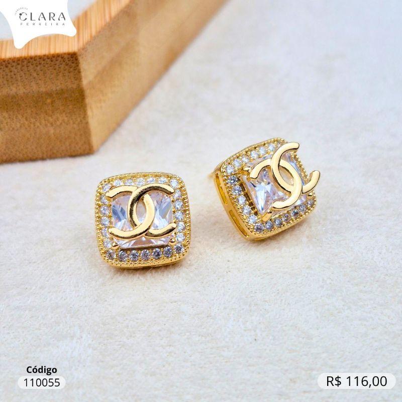 BRINCO ZIRCÔNIA QUADRADA ADORNADA MICROZIRCÔNIAS INSPIRAÇÃO CHANEL - 13MM - Dourado