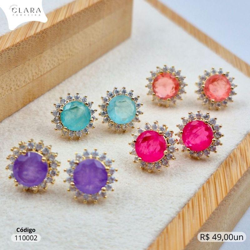 BRINCO ZIRCONIA REDONDA 8MM COLORIDA ADORNADA MICROZIRCONIAS - 8MM - Dourado