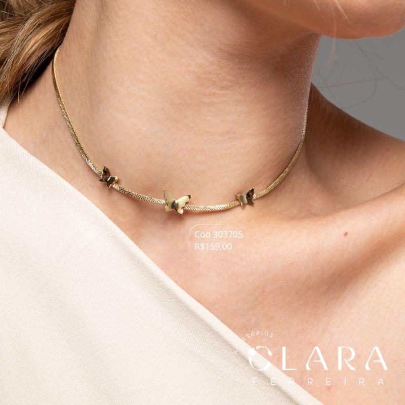 COLAR CHOKER FITA JATEADA C/ M BORBOLETAS LISAS FIXAS - 40CM - Dourado - PEÇA VENDIDA