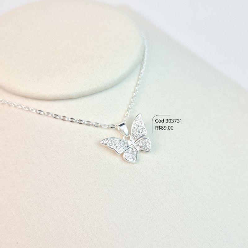 COLAR ELOS C/ PINGENTE BORBOLETA MICROZIRCÔNIAS - 13MM - 45CM - Banho de Prata