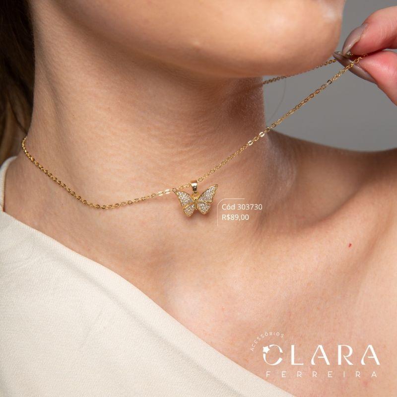 COLAR ELOS C/ PINGENTE BORBOLETA MICROZIRCÔNIAS - 13MM - 45CM - Dourado