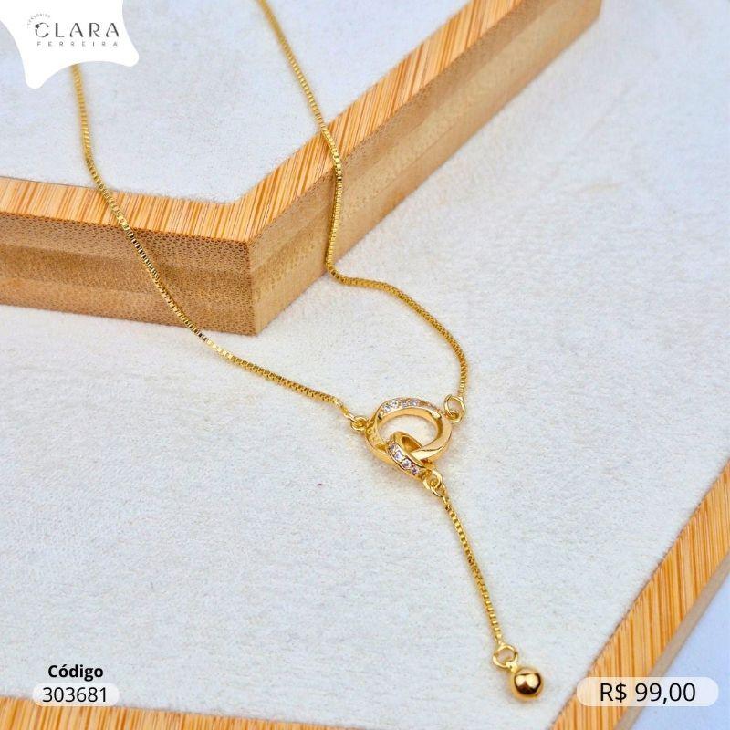 COLAR GRAVATINHA C/ PINGENTE CIRCULO FIO TORCIDO MICROZIRCÔNIAS  - 10MM - 45CM - Dourado