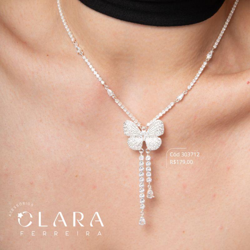 COLAR GRAVATINHA RIVIERA C/ PINGENTE BORBOLETA MICROZIRCÔNIAS - 26MM - 45CM - Banho de Prata - PEÇA VENDIDA