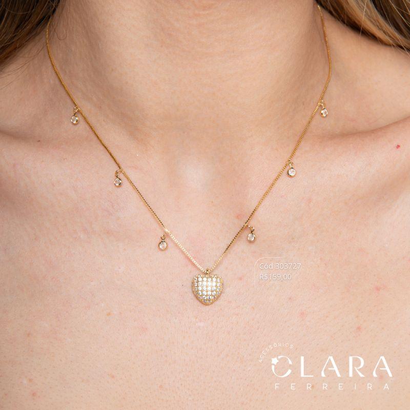 COLAR VENEZIANA C/ 6 TIFFANYS 4MM E CHUVEIRINHO CORAÇÃO MICROZIRCÔNIAS PENDURADAS - EDIÇÃO LIMITADA - 12MM - 45CM - Dourado