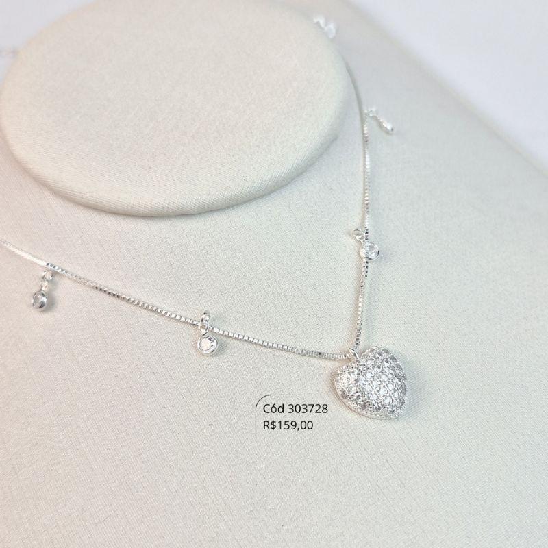 COLAR VENEZIANA C/ 6 TIFFANYS 4MM E CHUVEIRINHO CORAÇÃO MICROZIRCÔNIAS PENDURADAS - EDIÇÃO LIMITADA - 12MM - 45CM - Banho de Prata