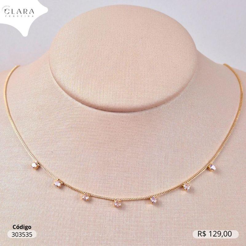 COLAR VENEZIANA C/ 7 ZIRCONIAS REDONDAS FIXAS CAIXA QUADRADA FUNDIDA - 2MM - 45CM - Dourado