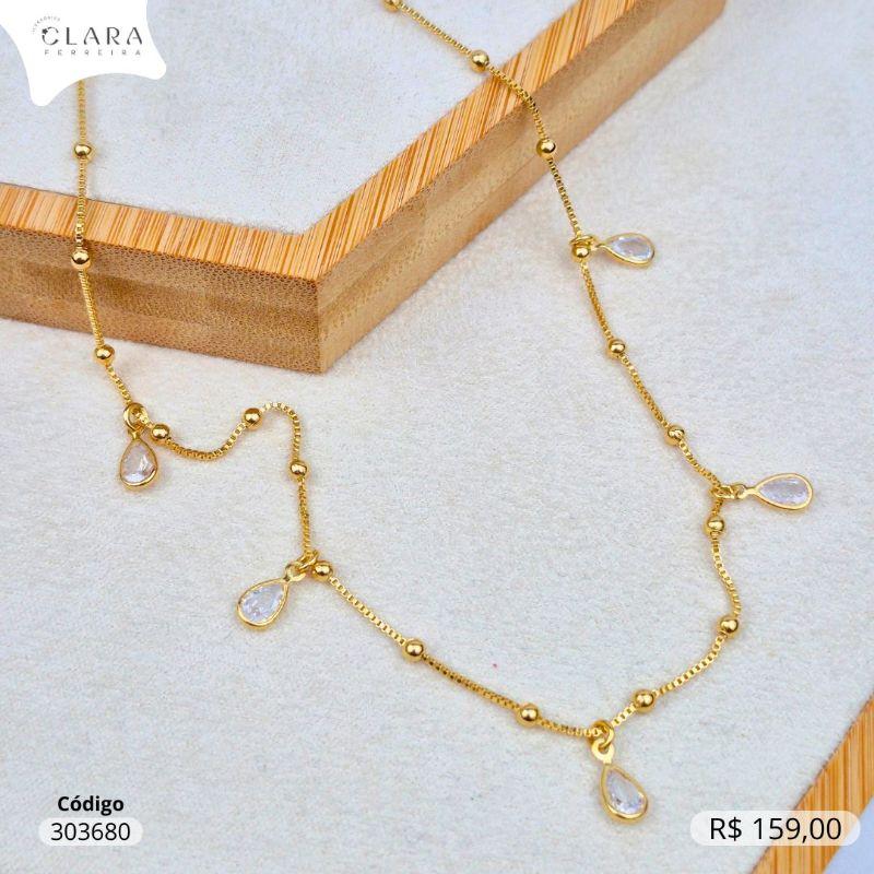 COLAR VENEZIANA C/ BOLINHAS COM 5 TIFFANYS GOTA 9MM PENDURADAS - 45CM - Dourado