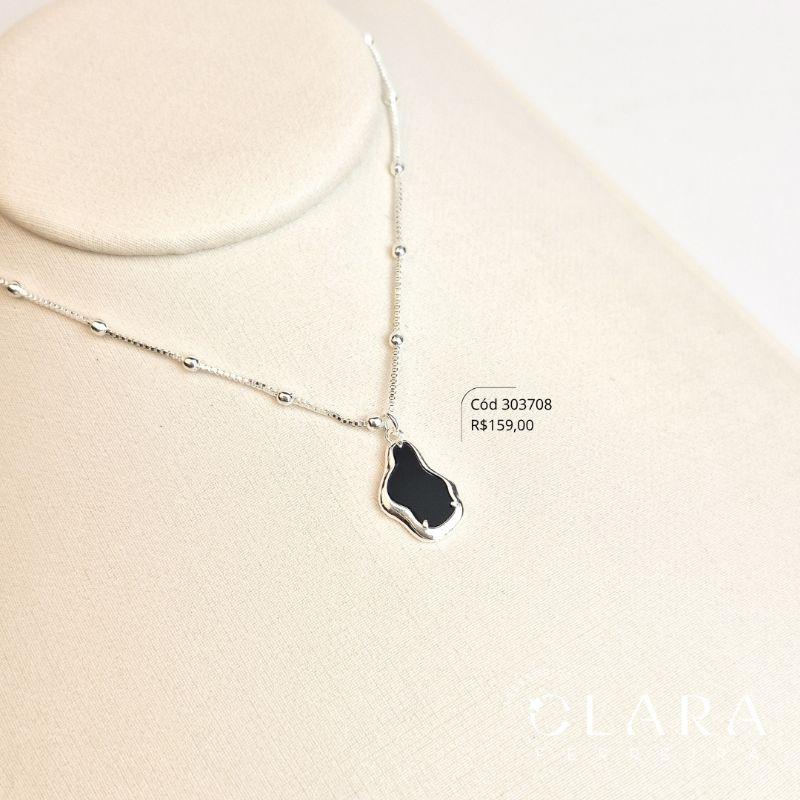 COLAR VENEZIANA C/ BOLINHAS COM PINGENTE CRISTAL PRETO CAIXA FUNDIDA PENDUTADO - 15MM - 45CM - Banho de Prata - PEÇA VENDIDA