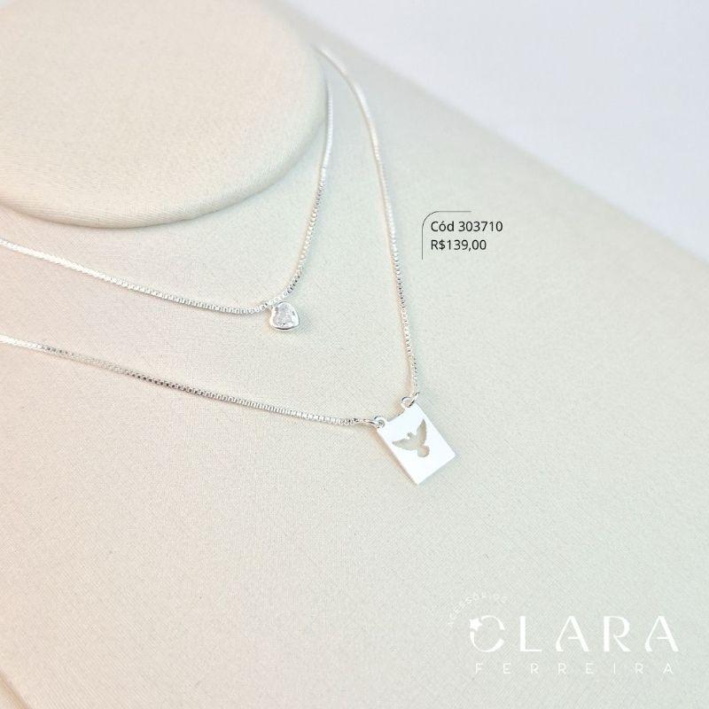 COLAR VENEZIANA C/ MEIO DUPLO COM 1 TIFFANY CORAÇÃO 5MM E 1 MEDALHA QUADRADA COM ESPIRITO SANTO VAZADO 11MM - 45CM - Banho de Prata - PEÇA VENDIDA