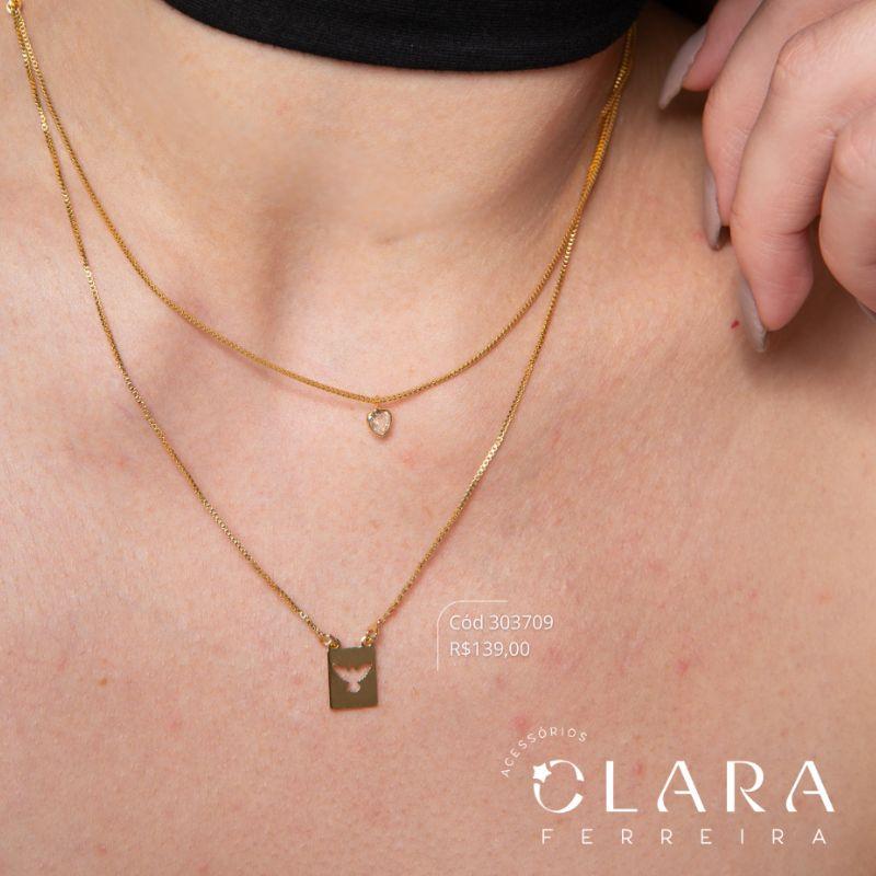 COLAR VENEZIANA C/ MEIO DUPLO COM 1 TIFFANY CORAÇÃO 5MM E 1 MEDALHA QUADRADA COM ESPIRITO SANTO VAZADO 11MM - 45CM - Dourado - PEÇA VENDIDA