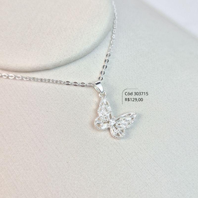 COLAR VENEZIANA C/ PINGENTE BORBOLETA VAZADA ASAS MICROZIRCÔNIAS TRAPÉZIO - EDIÇÃO LIMITADA - 13CM - 45CM - Banho de Prata