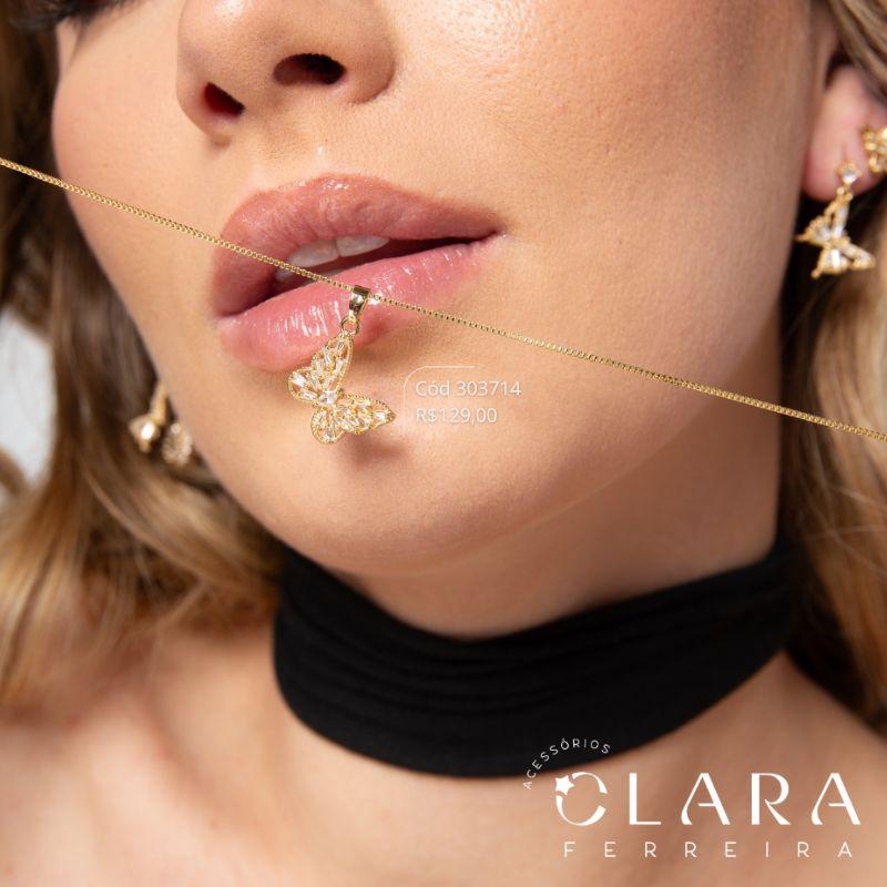 COLAR VENEZIANA C/ PINGENTE BORBOLETA VAZADA ASAS MICROZIRCÔNIAS TRAPÉZIO - EDIÇÃO LIMITADA - 13MM - 45CM - Dourado