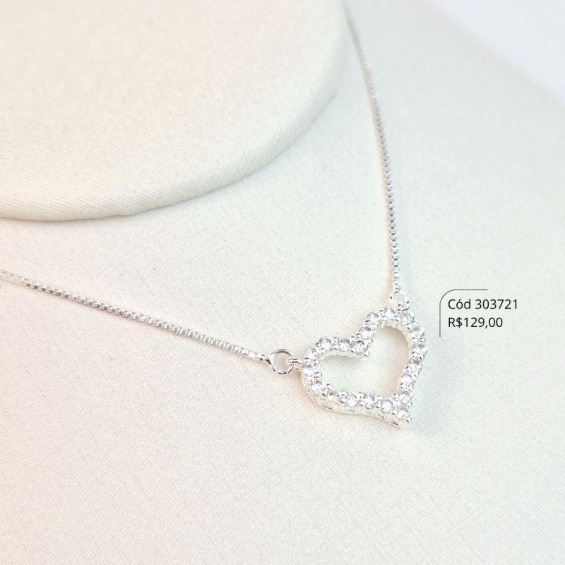 COLAR VENEZIANA C/ PINGENTE CORAÇÃO VAZADO 1 FILEIRA MICROZIRCÔNIAS - 14MM - 45CM - Banho de Prata