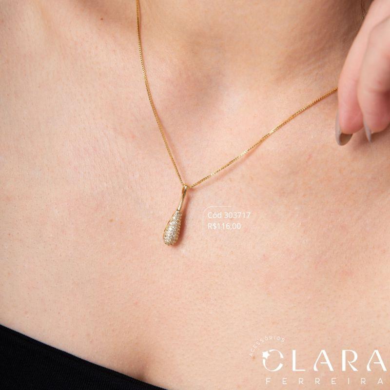 COLAR VENEZIANA C/ PINGENTE GOTA MICROZIRCÔNIAS - 26MM - 45CM - Dourado