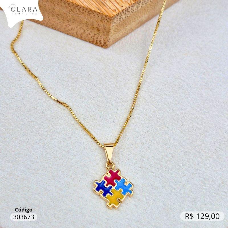 COLAR VENEZIANA C/ PINGENTE QUEBRA CABEÇA  SIMBOLO DO AUTISMO 11MM PENDURADO - 45CM - Dourado