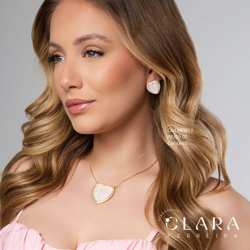 CONJUNTO VENEZIANA C/ PINGENTE E BRINCO CORAÇÃO MADRE MEROLA ADORNADO MICROZIRCONIAS - 20 E 36MM - Dourado- PEÇA VENDIDA