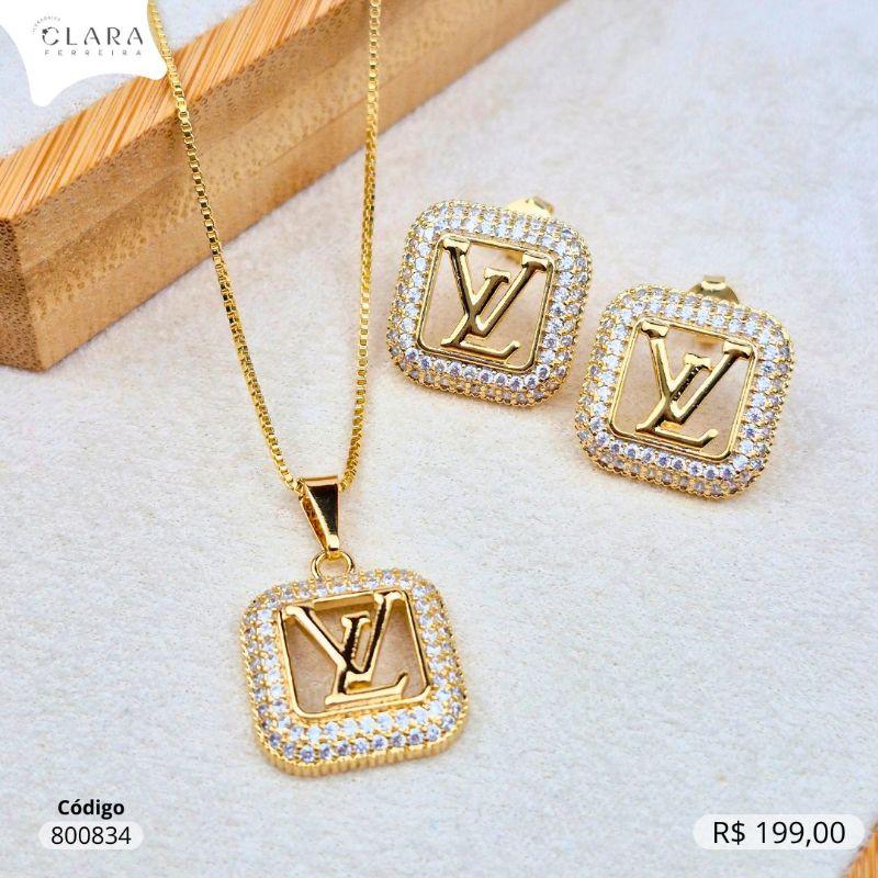 CONJUNTO VENEZIANA C/ PINGENTE E BRINCO MANDALA LOUIS VUITTON MICROZIRCÔNIAS - 16MM - 45CM - Dourado