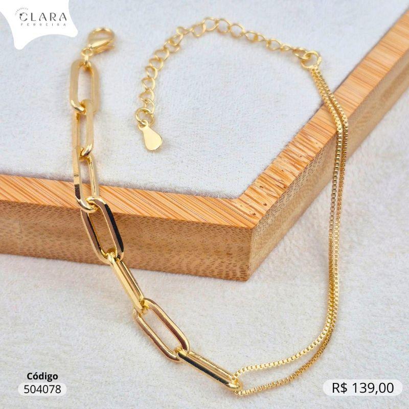 PULSEIRA 2 MALHAS, METADE ELOS CADEADO E METADE VENEZIANA DUPLA - 17CM - Dourado