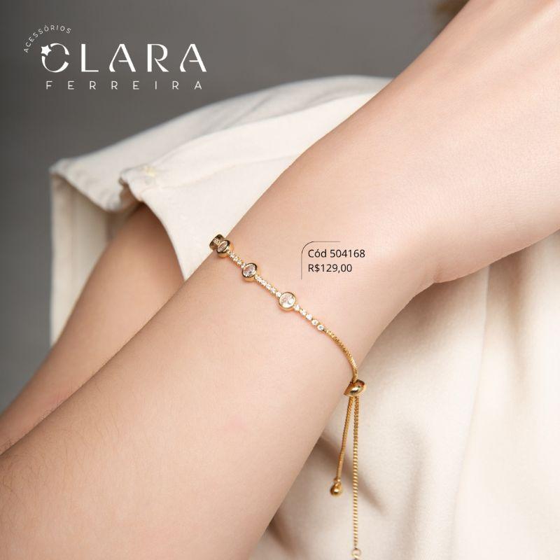 PULSEIRA AJUSTÁVEL VENEZIANA 2MM C/ MEIO RIVIERA E 5 ZIRCÔNIAS REDONDAS 6MM, CAIXA FUNDIDA - Dourado