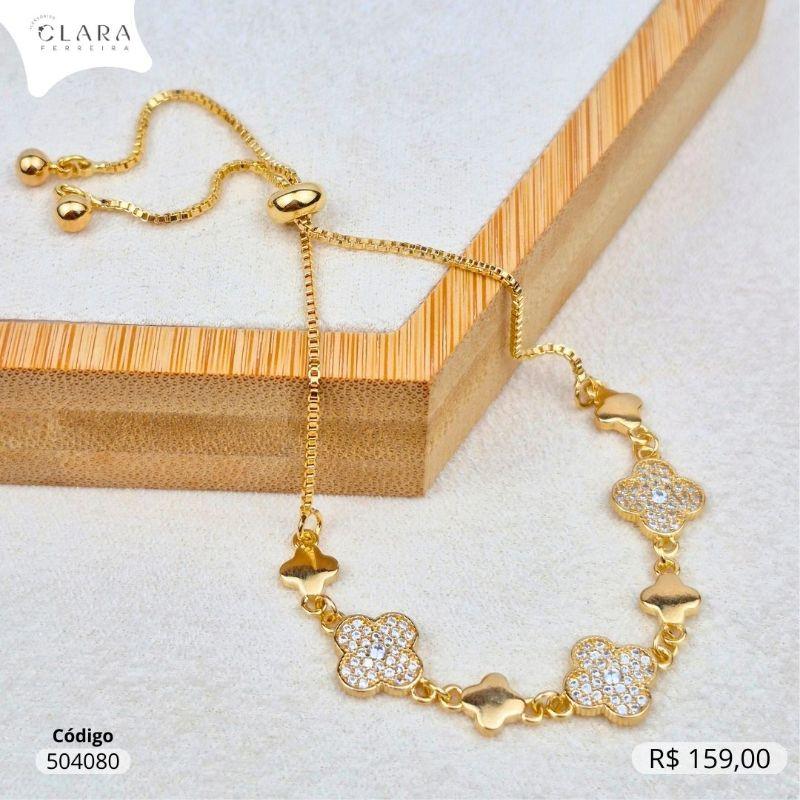 PULSEIRA AJUSTAVEL VENEZIANA  C/ 3 TREVOS VAN CLEEF ALHAMBRA  9MM MICROZIRCÔNIAS E  3 TREVOS VAN CLEEF ALHAMBRA 6MM LISO  - Dourado