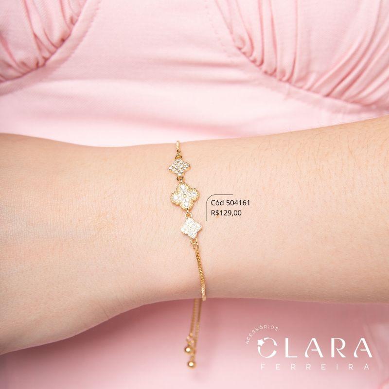 PULSEIRA AJUSTÁVEL VENEZIANA C/ 3 TREVOS VAN CLEEF ALHAMBRA DE MICROZIRCÔNIAS - EDIÇÃO LIMITADA - 6MM - Dourado